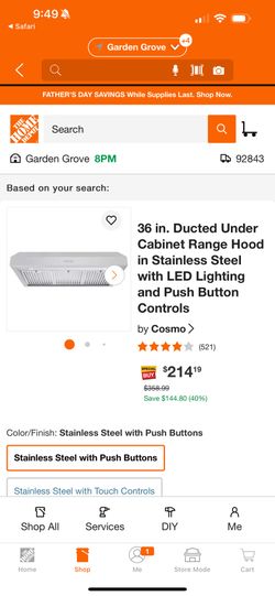 36 in. Ducted Under Cabinet Range Hood in Stainless Steel