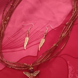 Purple/Pink Angel Necklace With Feather Earrings 