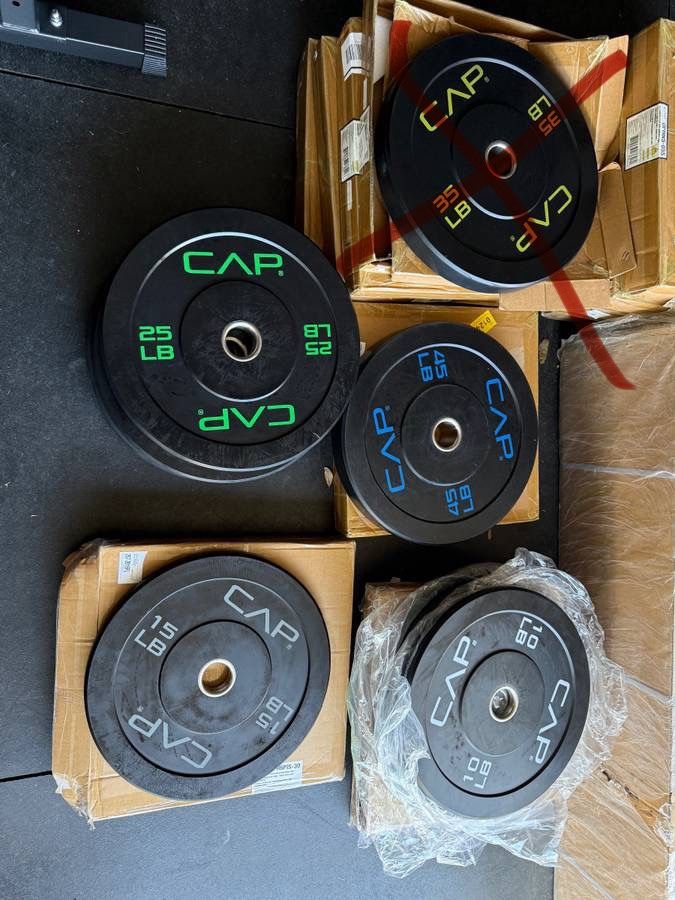 NEW IN BOX Olympic Bumper Plate Weight Plates rubberized set 10 15 25 45 lb pounds - $1.18 per pound