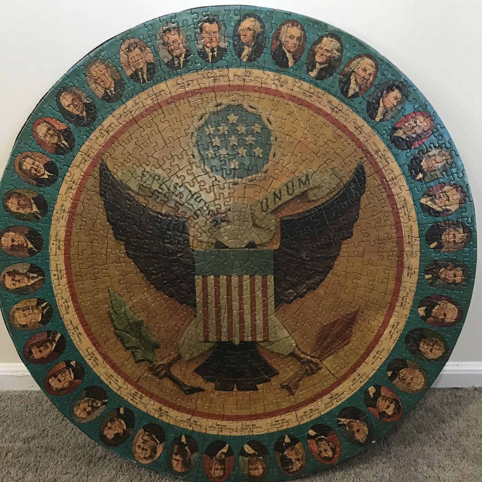 1969 Presidential 1000 Piece Jigsaw Puzzle , Mounted To Wood Backing Measures 24” Round Nice Condition. First 37 Presidents 