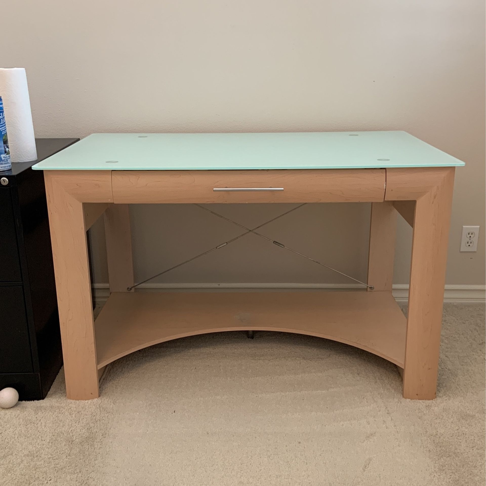Glass And Wood Computer Desk With Drawer