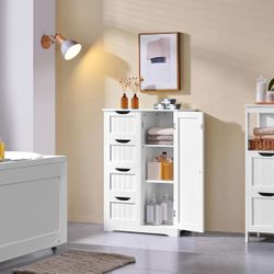 Wooden Floor Cabinet, Side Storage Organizer with 4 Drawers , White S-33