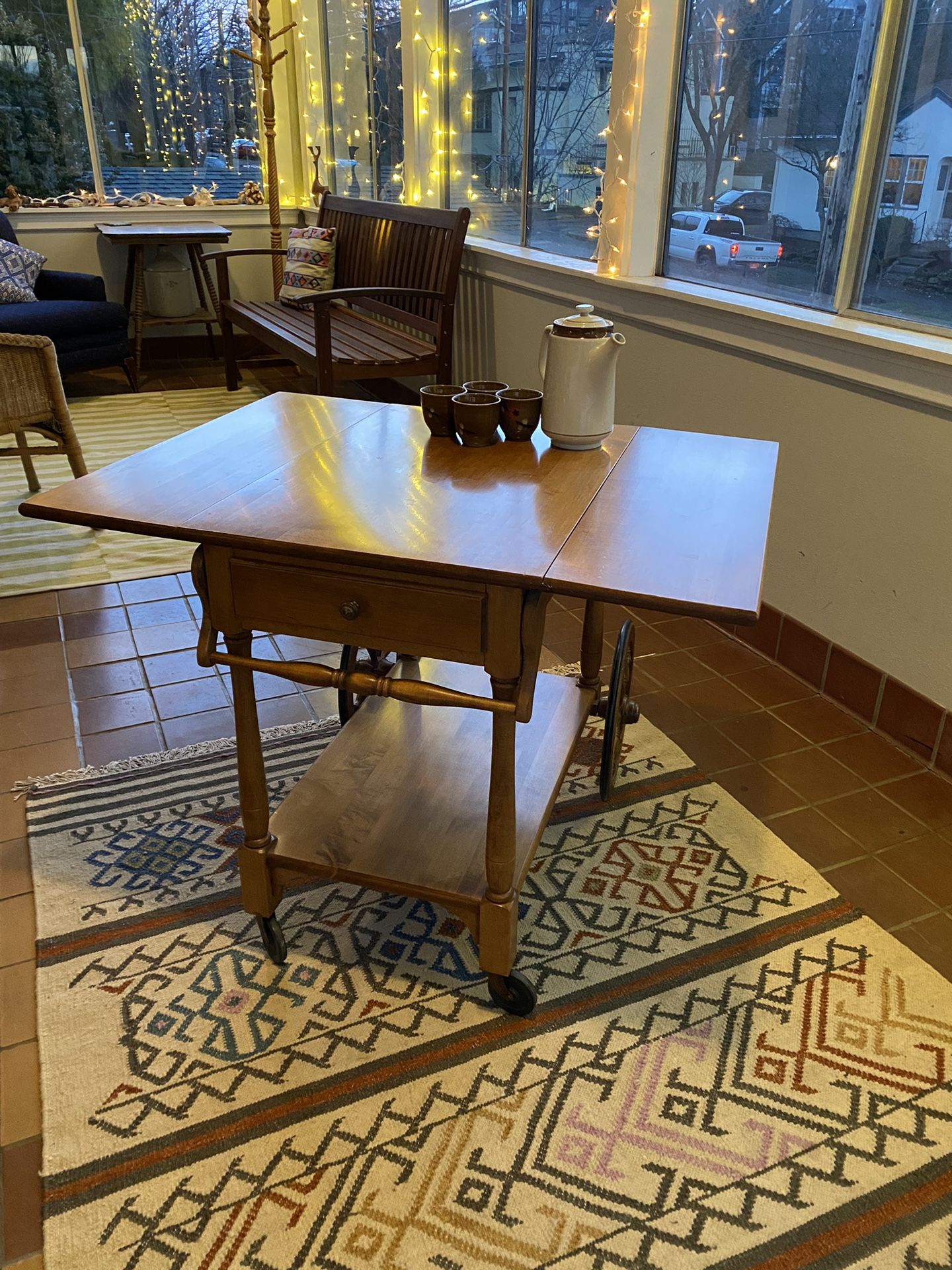 Mid-Century Vintage 1960s Sprague and Carleton Rolling Drop Leaf Solid Maple Princeton Tea Cart