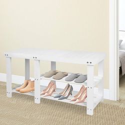 White Wood Entryway Bench with Shoe Rack