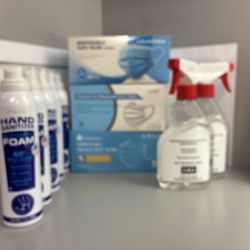 Health Safety Bundle 150 Disposable Masks 5 Foaming & 2 Spray Sanitizers New Box