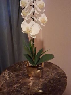 Faux White Orchid in Gold Pot