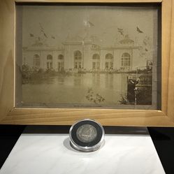 132 Year-Old Souvenirs, 1893 Coin And Photo of The Mine And Mining Building. 1893 World Colombian Exposition In Chicago.