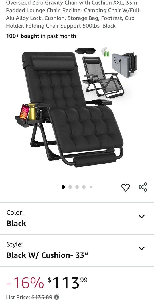 Oversized Zero Gravity Chair with Cushion XXL, 33In Padded Lounge Chair, Recliner Camping Chair W/Full-Alu Alloy Lock, Cushion, Storage Bag, Footrest,