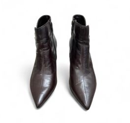 Women’s kitten, heel chocolate, brown, leather ankle pointed boots