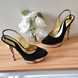 Women's Emilio Pucci Black Velvet Suede High-End Luxury Buckle Sandals Size 7 US