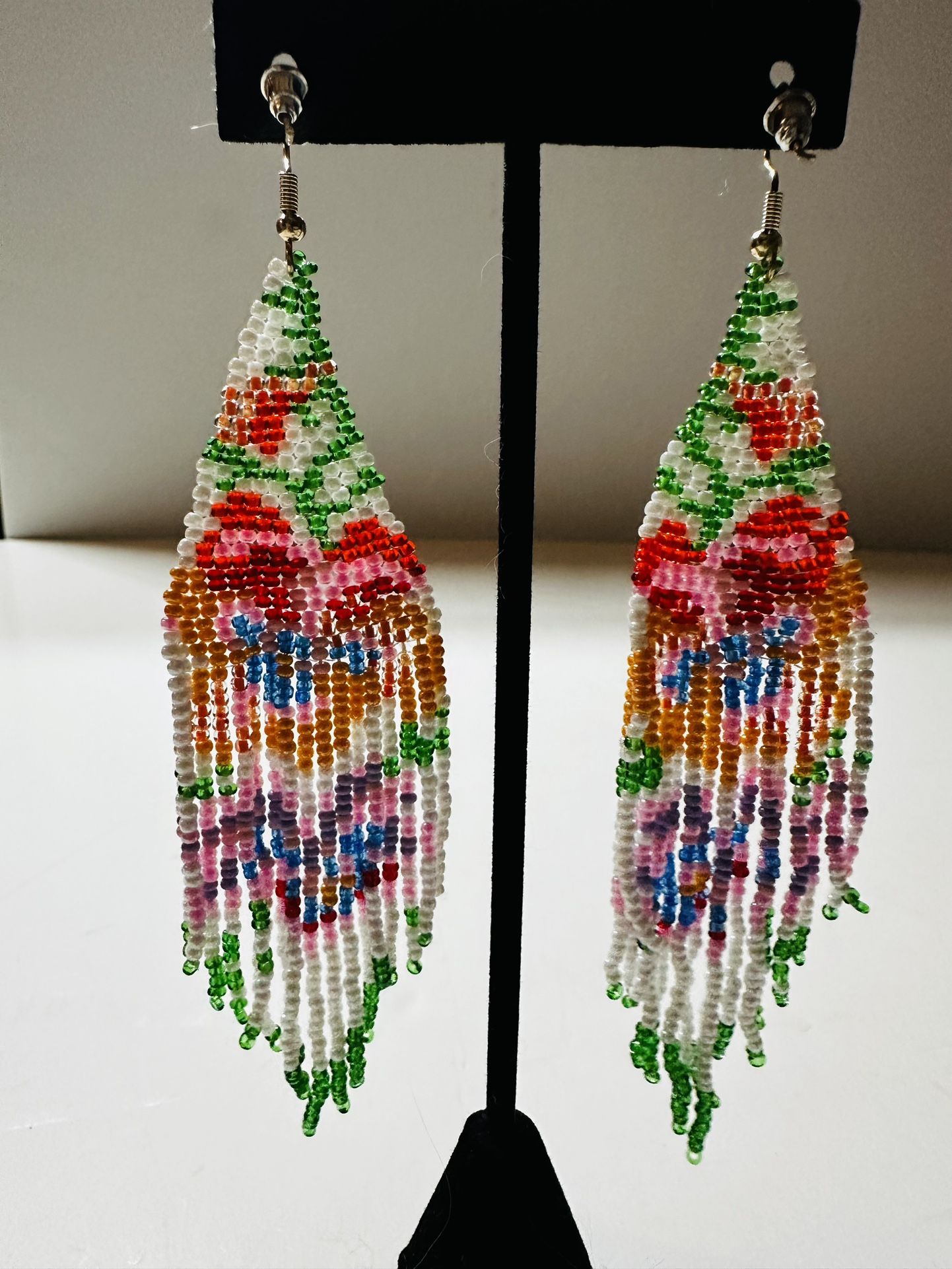 Long Loom Beaded Earrings with Fringe Colorful Design Southwestern Dangle New