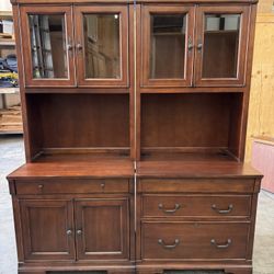 Large Wood Partner Desk w/ Glass Cabinets