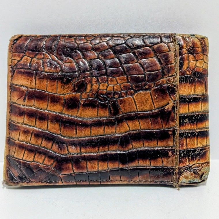 Brahmin Men’s Tri-Fold Wallet Croc Embossed Leather Brown ID Window Vintage