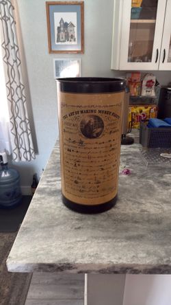 Antique The Art of Making More Plenty Vtg Trash Tin 18” Tall Can Umbrella Stand