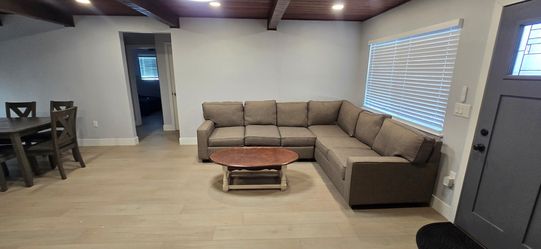 Gray Fabric L-Shaped Sectional Sofa, Coffee table and 2 twins beds