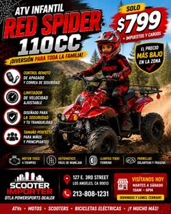 🚨🕸️ ¡ATV INFANTIL RED SPIDER 110CC DESDE SOLO $799 + IMPUESTOS Y CARGOS! 🏍️💨