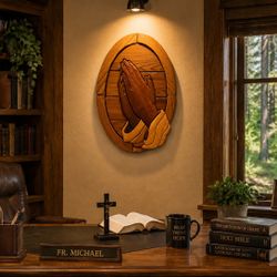 Praying Hands JESUS CHRIST Original Vintage Fine Art SOLID WOOD SCULPTURE Plaque Antique Oak Wooden Prayer Collectible Religion Christianity HILLCREST