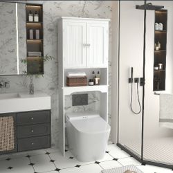 Over The Toilet Storage Cabinet, Bathroom Shelf Over Toilet, Bathroom Storage Cabinet Organizer,Wood Bathroom Space Saver, White 