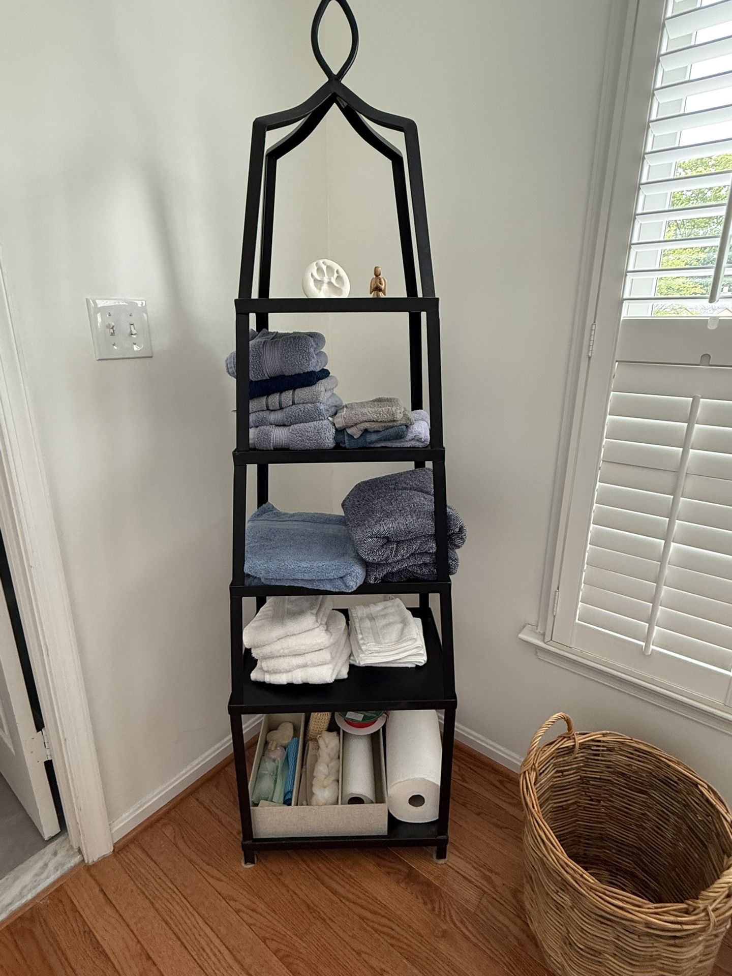 Pottery Barn Black pagoda-style metal etagere shelving unit