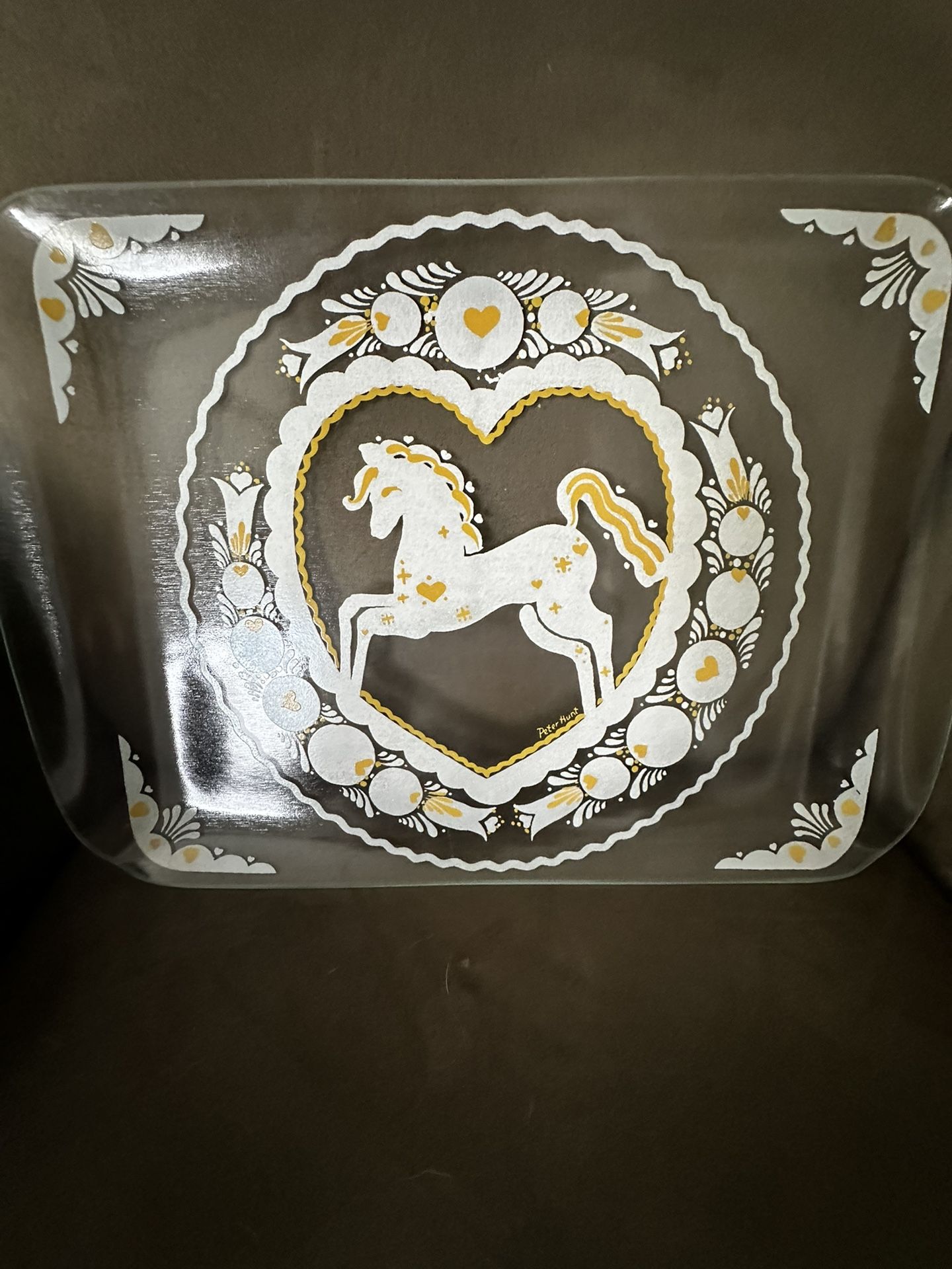 Artist Peter Hunt Large Clear Glass Serving Tray Features Horse Folk Art Motif by Peter Hunt 1950's