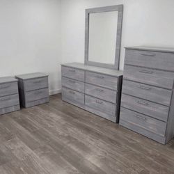 Grey Bedroom Set Dresser Mirror Chest 2 Nightstands 