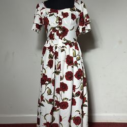 Elegant Rose Printed Puff Sleeve Dress