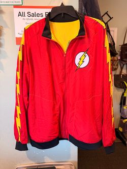 Men’s XL DC Comics The Flash Reversible Track Jacket from the CultureFly DC World's Finest Collection featuring a lightning bolt logo on the chest