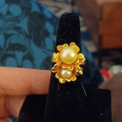 Gold Tone Flux Pearl Adjustable Ring