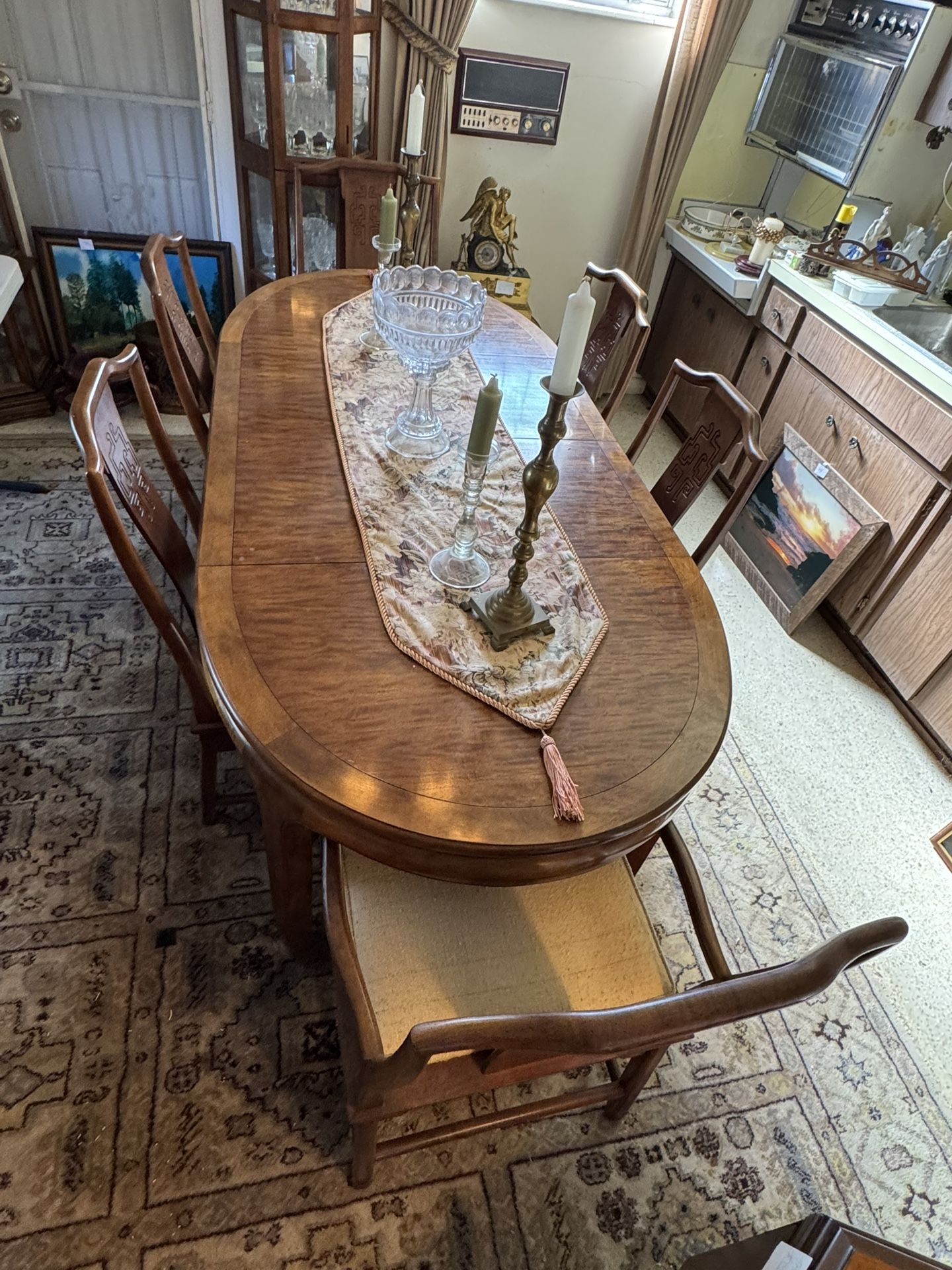 Wooden oval dining table with Asian 6 six dining Chairs Century Furniture Ming Chinoiserie Mandarin.