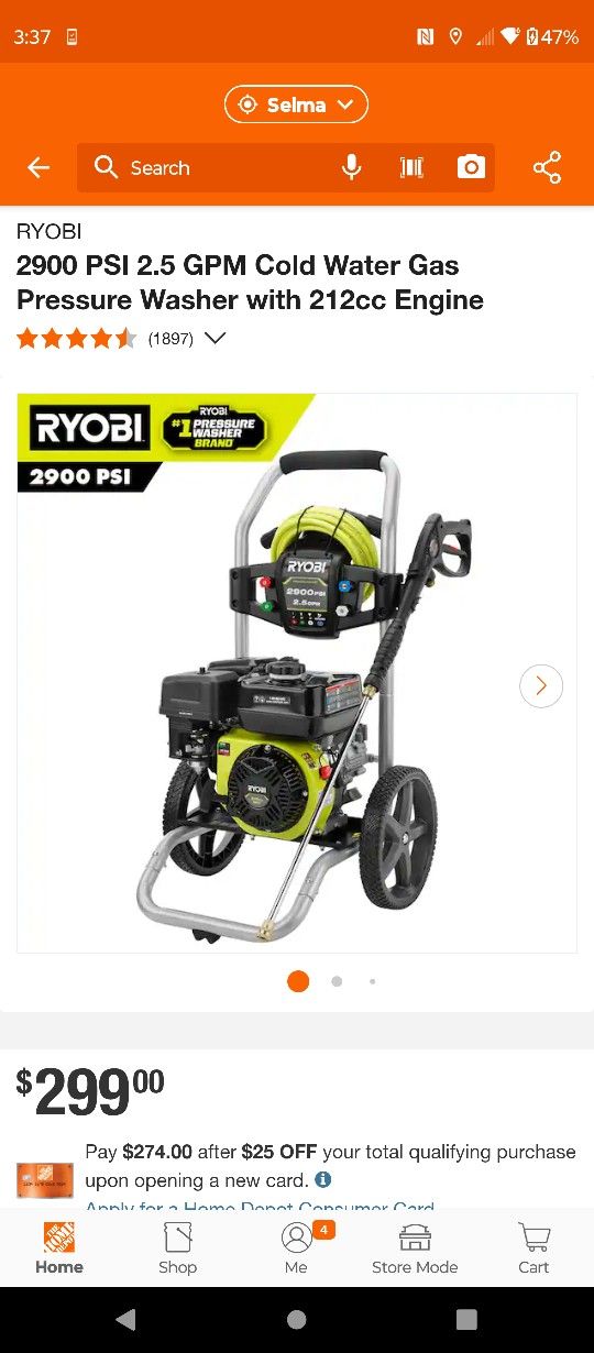 New Ryobi 2900psi Cold Water Gas Pressure Washer