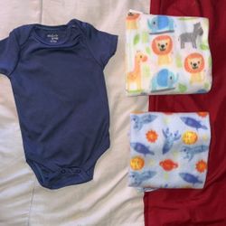 Baby boy onesie & Blankets.