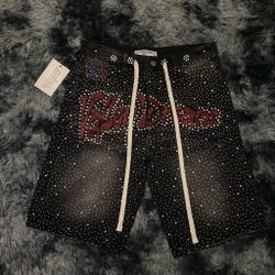 VALLEY Men's Black Denim Shorts Rhinestone Logo, Button Closure, Size-34