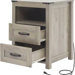 Farmhouse Nightstands with Charging Station, End Table with 2 Drawers and Open Shelf, Wooden Bedside Cabinet for Bedroom, Home Office, Living Room, Gr