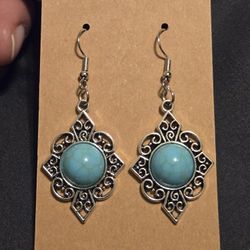 Turquoise Earrings Bohemian Chic Boho Hook Silvery Dangle Handmade NEW 