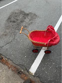 Retro Rattan Doll Carriage – Wood Handle – Nursery Decor / To