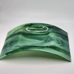Fused Glass Green Swirl Spoon Rest Or Soap Dish 7.5" Long 4.5" Wide 2" Tal
