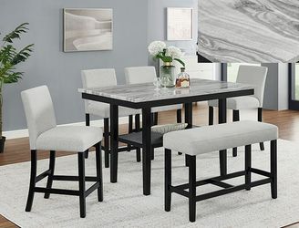 Dining set 6 pc Faux Marble top, Black wood finish, Light Grey fabric. N ew Especial price