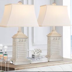 Coastal Table Lamps Set of 2, Beach Living Lamps for Bedroom with USB A+C, Washed White Modern Resin LED 3-Color Temperature Bedside Nautical Decor, N