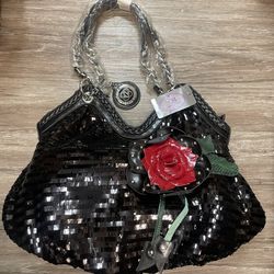 Sharif Black Sequin Purse W/ Flower Motif 