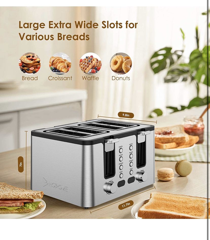 Hosome 4 Slice Toaster,Stainless Steel Bread Bagel Toaster with Warming Rack, 6 Shade Settings, Led Display, Extra Wide Slots, Removable Crumb Tray,B