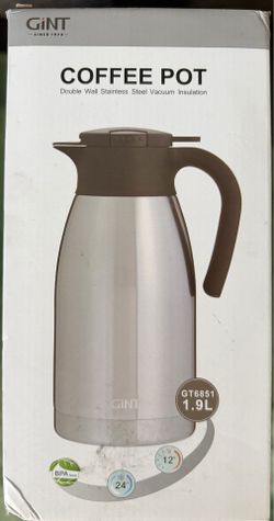 GiNT Stainless Steel Thermal Coffee Carafe, Double Walled Vacuum Water and Beverage Dispenser, 12 Hour Heat Retention, 65 OZ /1.9 Liter, Silver