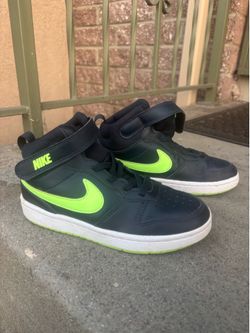 Nike Court Borough Mid 2 in the Dark Obsidian / White / Lime Blast colorway size youth 1