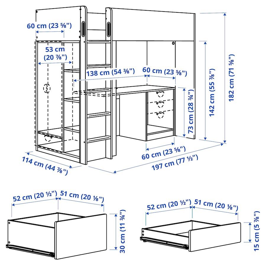 Loft bed, white white/with desk with 4 drawers, Twin