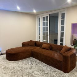 Modern Tangerine Velvet L-Shaped Sectional Couch – Like New – 6 Months Old