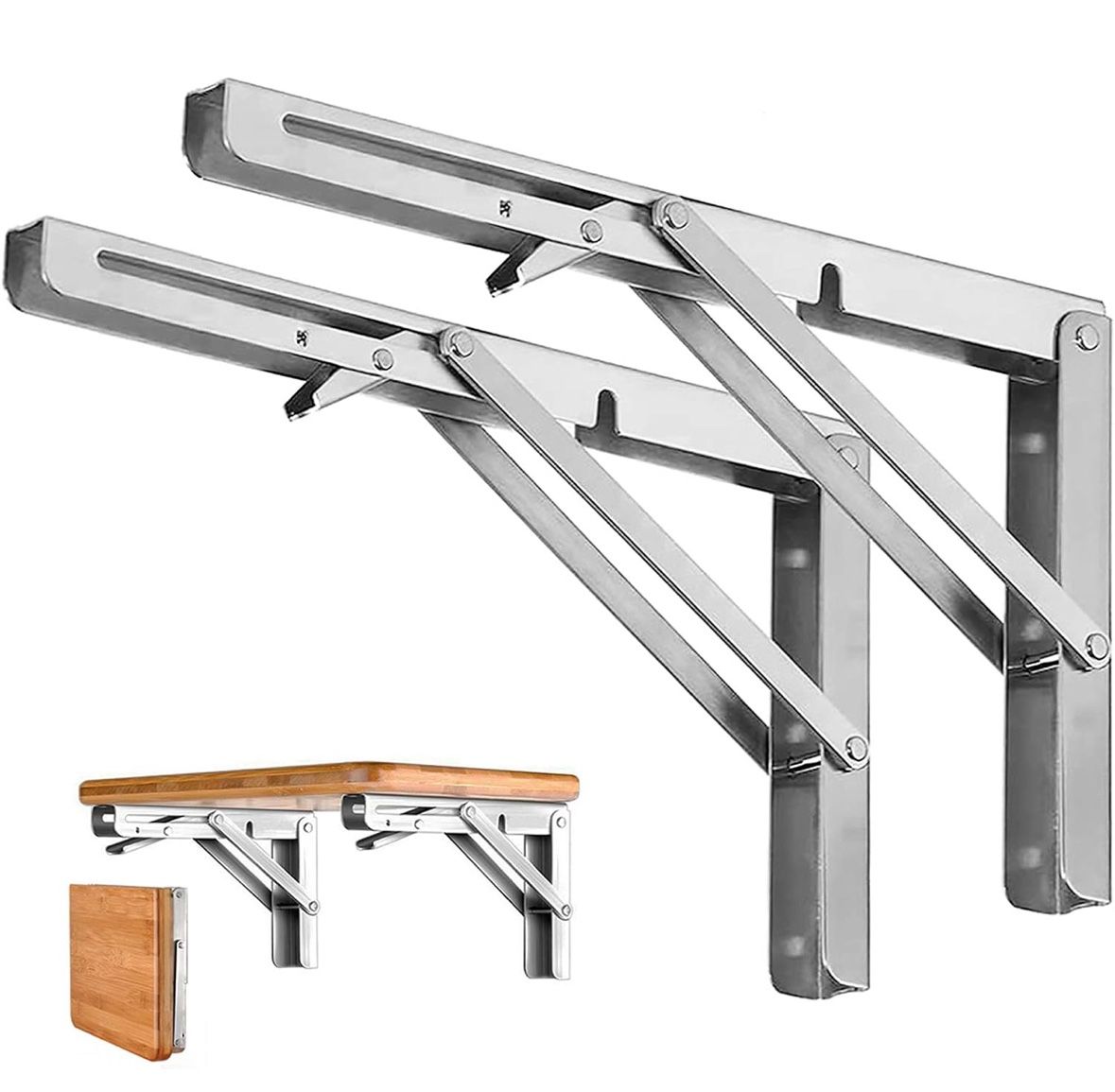 Folding Shelf Brackets - 16 Inch Heavy Duty Stainless Steel Collapsible Shelf Bracket for Bench Table, Space Saving DIY Bracket, Max Load: 200lb (2 PC