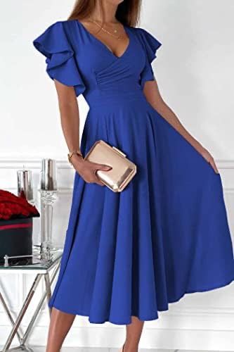PRETTYGARDEN Summer women's midi dress babados, hollowed out sleeve, V neck, rolled, flared, party dresses