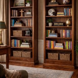 Solid Oak Wood Bookcases – Set of 2 – 85” Tall – Beautiful Condition