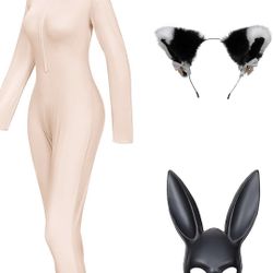 Women's Zipfront Catsuit One Piece Bodysuit Bunny Cat Fox Costume Haute Corset Ears mask Set 3XL Brand New 
