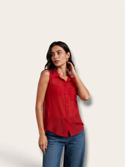Vintage Rare Y2K Bebe Red Sleeveless Chiffon Blouse High-Low Hem Relaxed Fit Shirt Made in USA XS