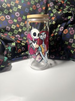 Jack And Sally Halloween Bat Bamboo Lid Glass Cup